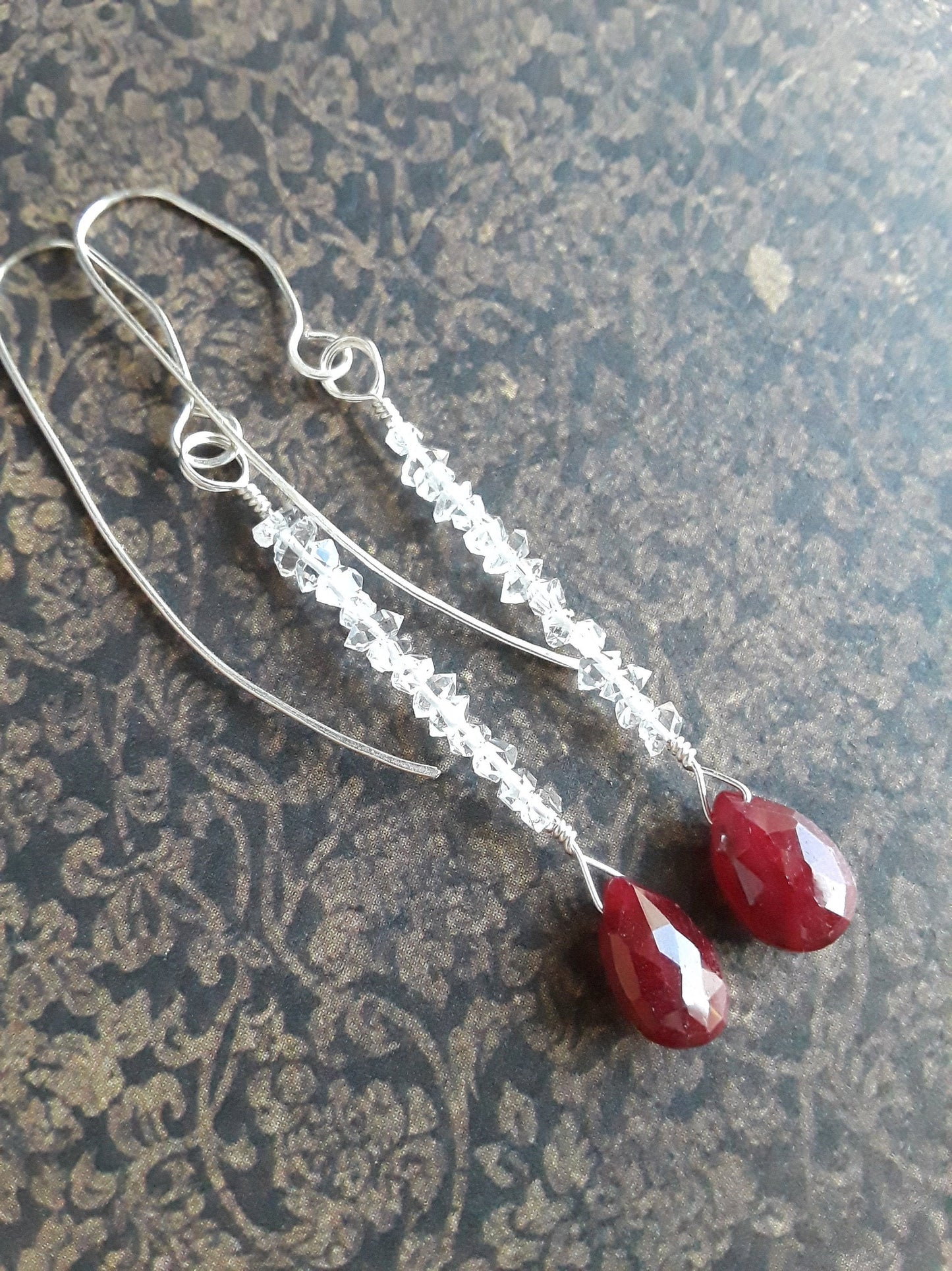 Ruby and Diamond Cascade Earrings with Silver wire.
