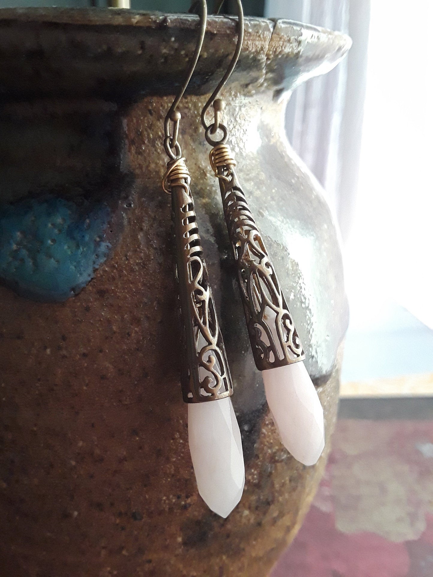 Pink Jade and Antique Bronze Drop Earrings
