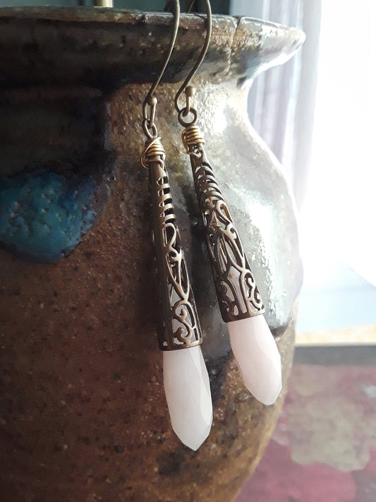 Pink Jade and Antique Bronze Drop Earrings