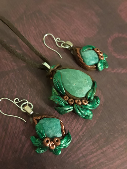 Russian Amazonite Stones Pendant and Earring set Handcrafted Clay