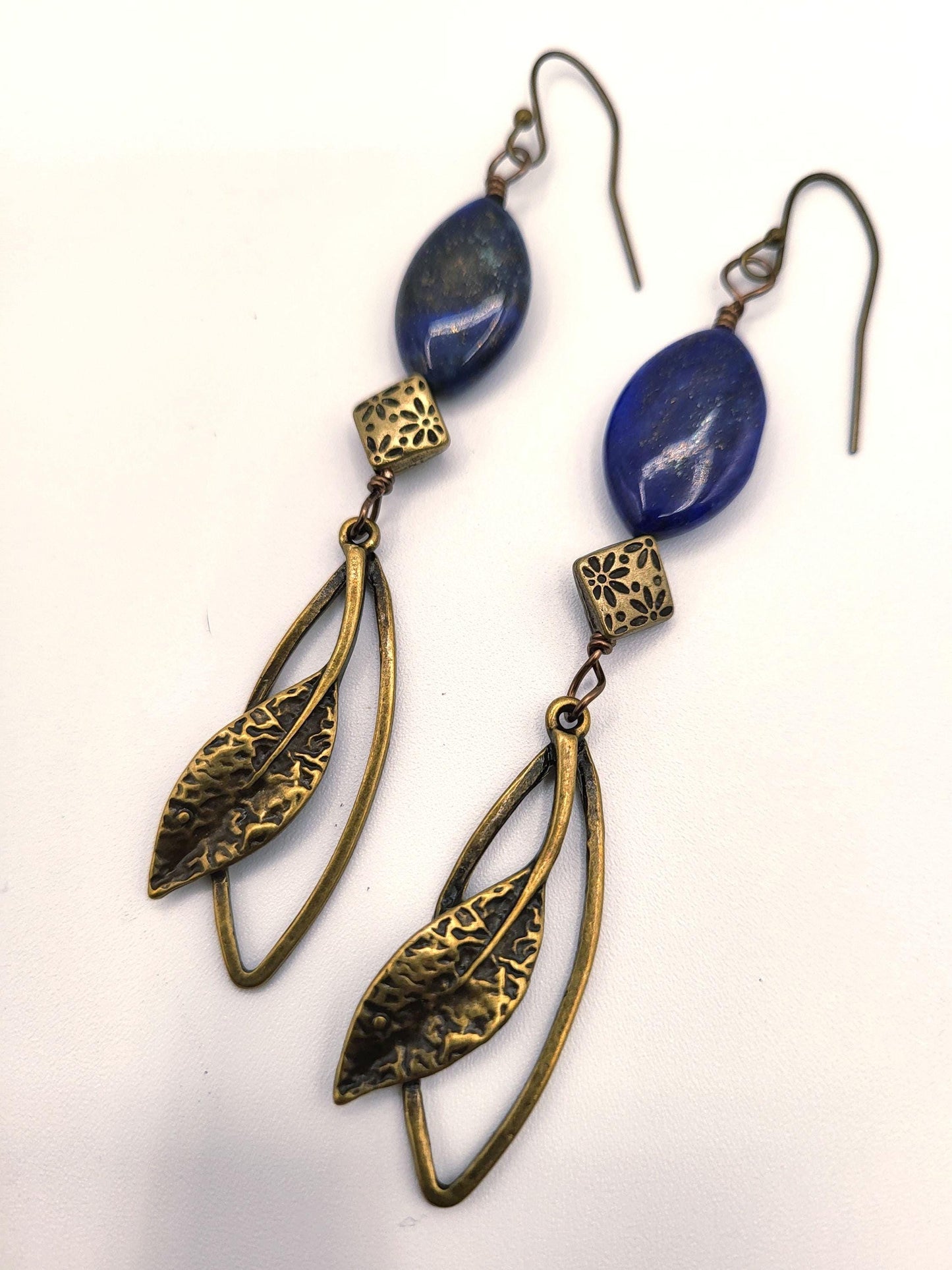 Lapis Lazuli and Bronze Leaf Drop Earrings