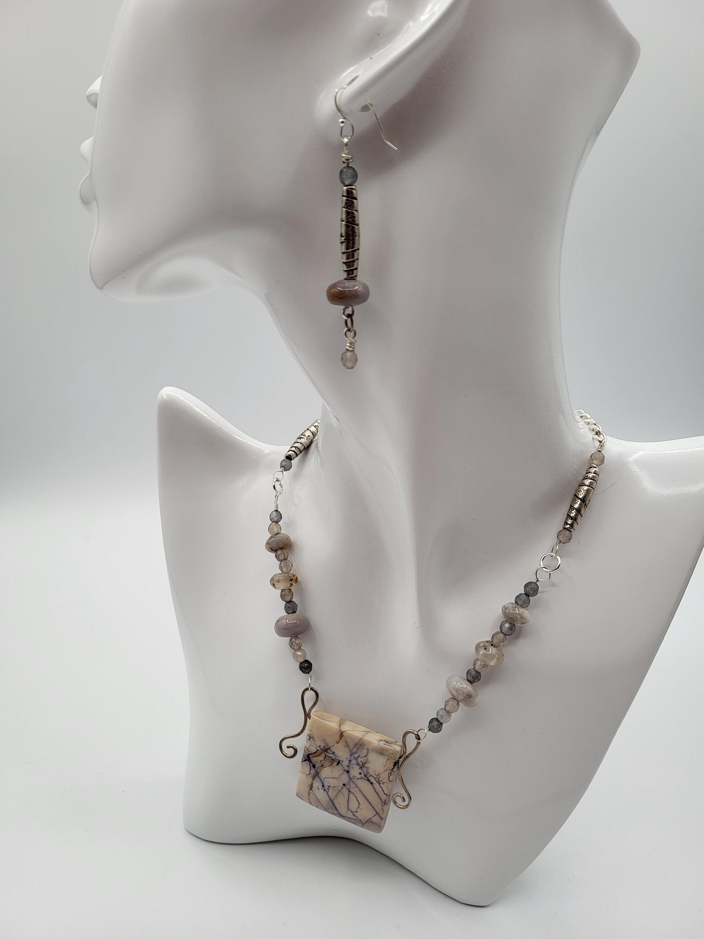 Lavender Picture Jasper and Silver Hand Wrapped Pendant & Earrings.