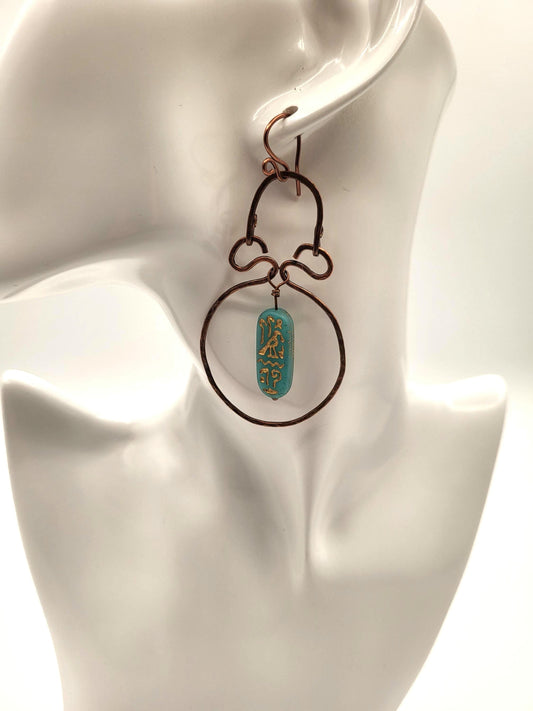 Egyptian Style Blue Green Cartouche Hammered and Oxidized Handmade Copper Earrings