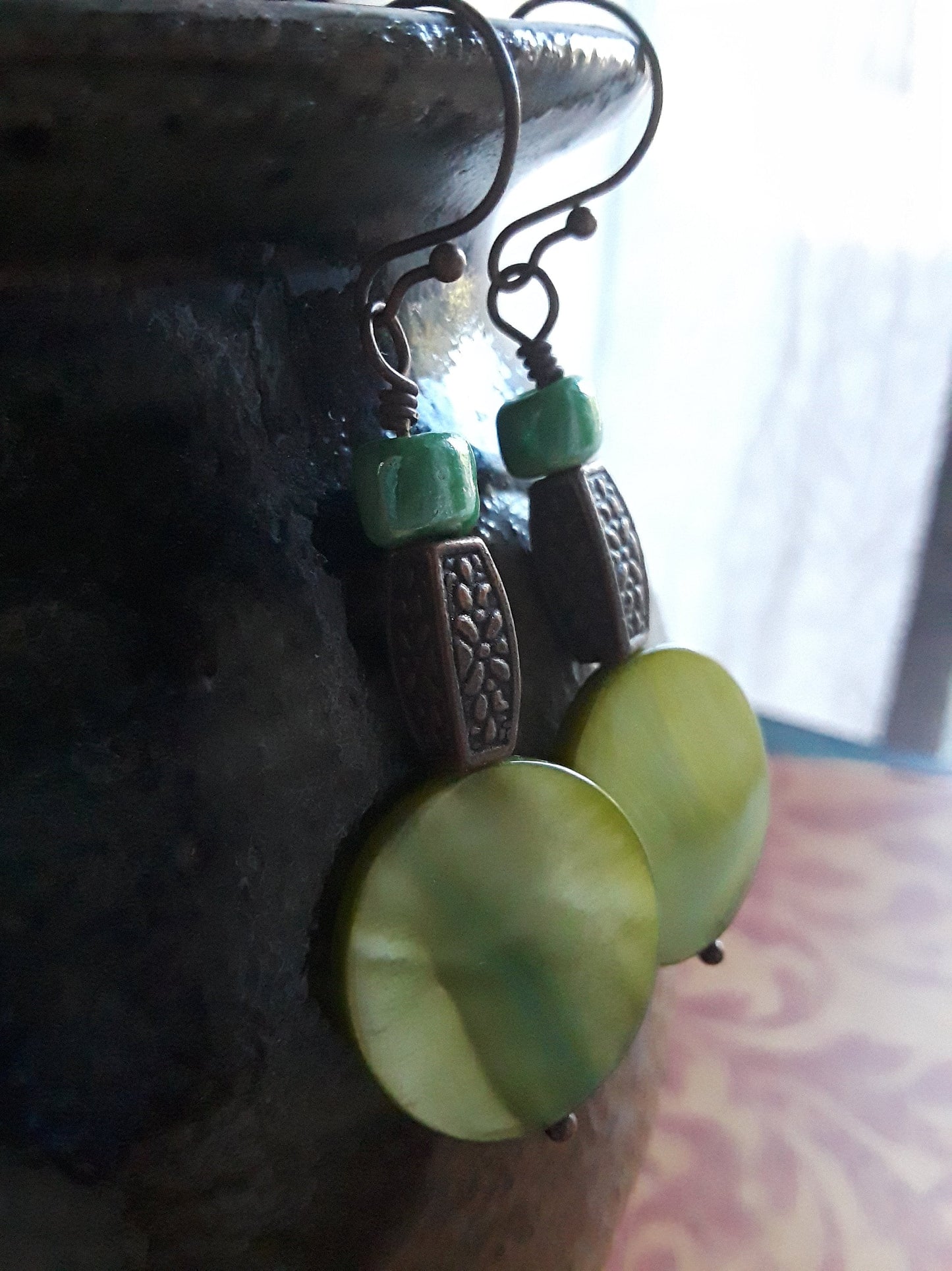 Green Shell, Copper and Glass Beaded Earrings Wire Wrapped Earrings