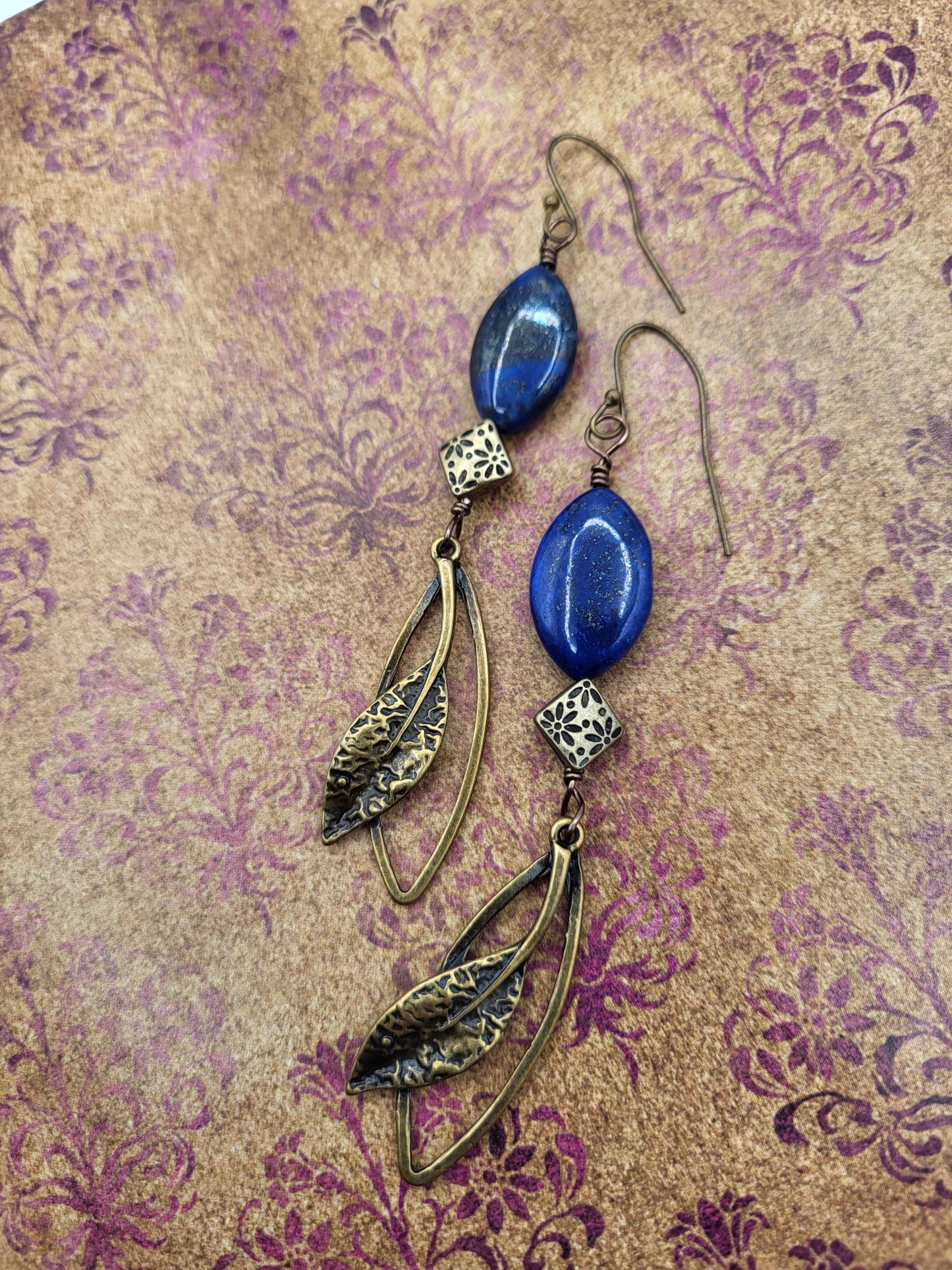 Lapis Lazuli and Bronze Leaf Drop Earrings