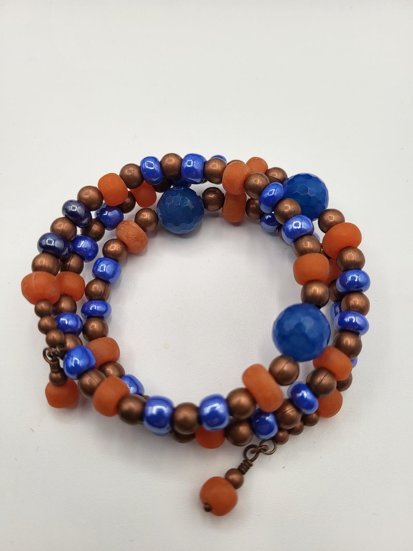 Orange African Bottle Glass Copper and Fire Blue Agate and Glass Beaded Bracelet Handmade