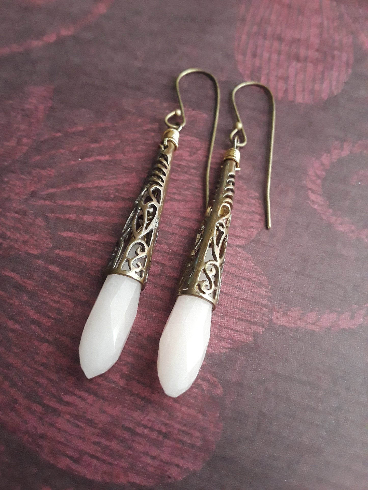 Pink Jade and Antique Bronze Drop Earrings