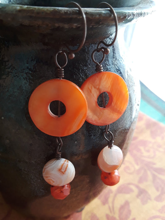 Bright Orange Doughnut Shell with Creamy Smooth Orange Agate and Fiery Orange Glass Orange Earrings