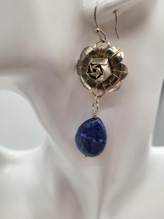 Lapis Lazuli Drop Earrings - Vintage Rose Metal Focal