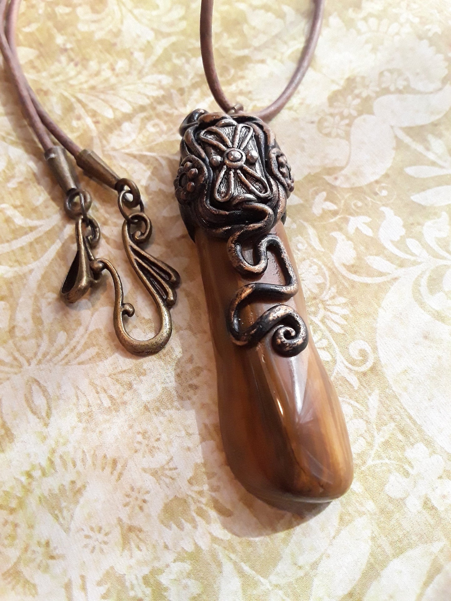 Large Tiger Eye Pendant with Polymer Clay Design on a Leather Cord