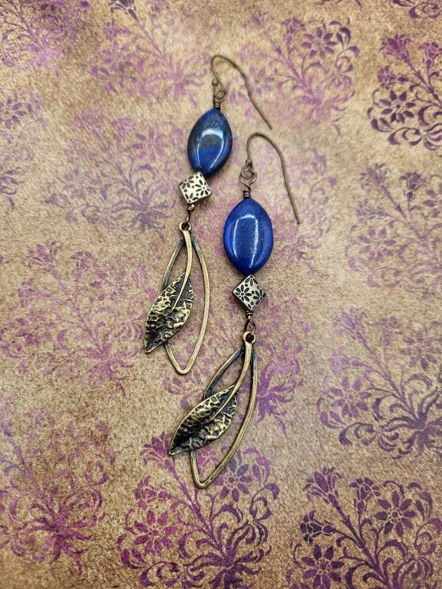Lapis Lazuli and Bronze Leaf Drop Earrings