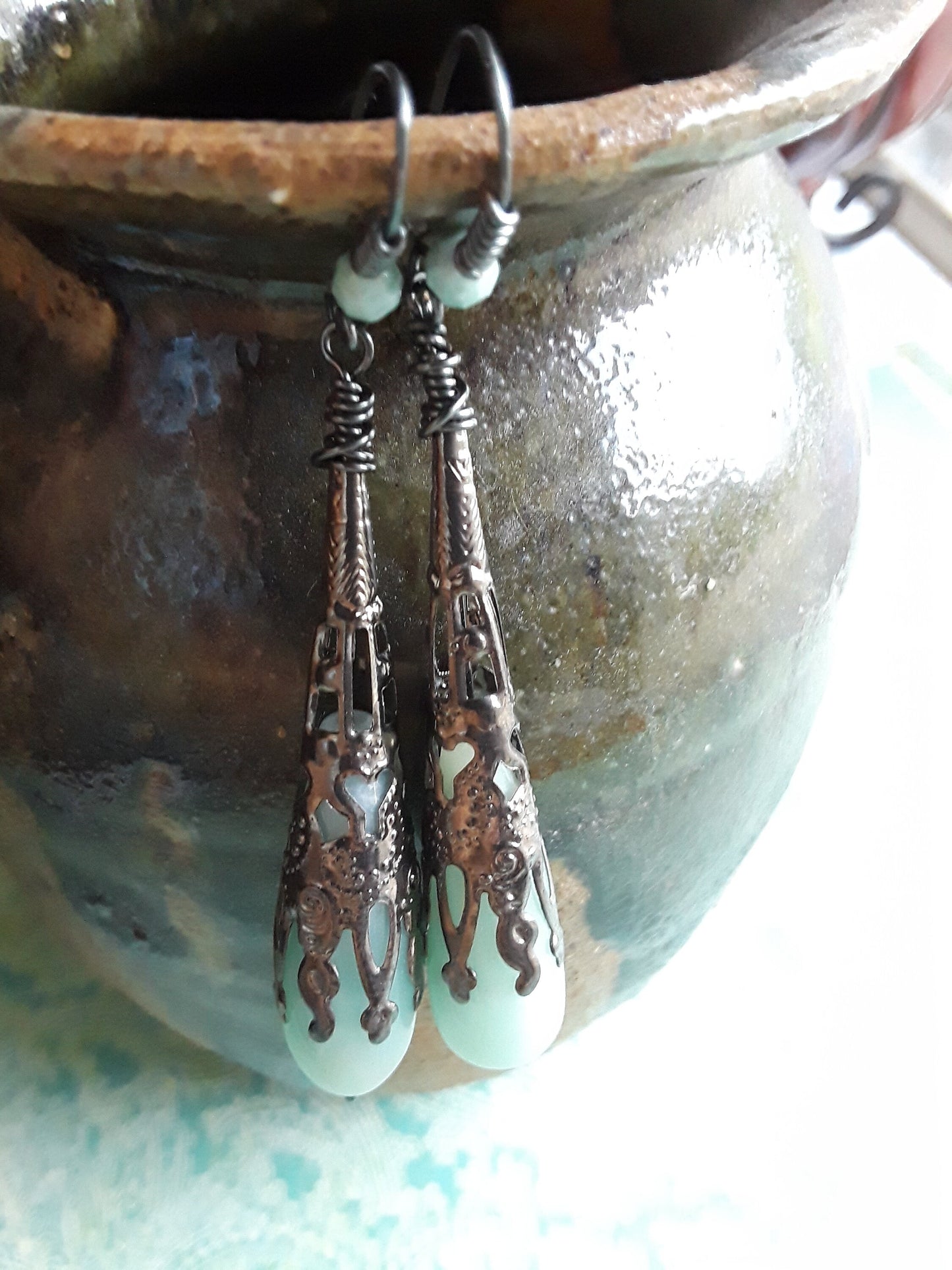 Amazonite Wire Wrapped Earrings with Gun Metal Wire and Bead Cap