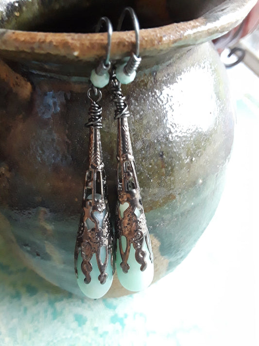Amazonite Wire Wrapped Earrings with Gun Metal Wire and Bead Cap