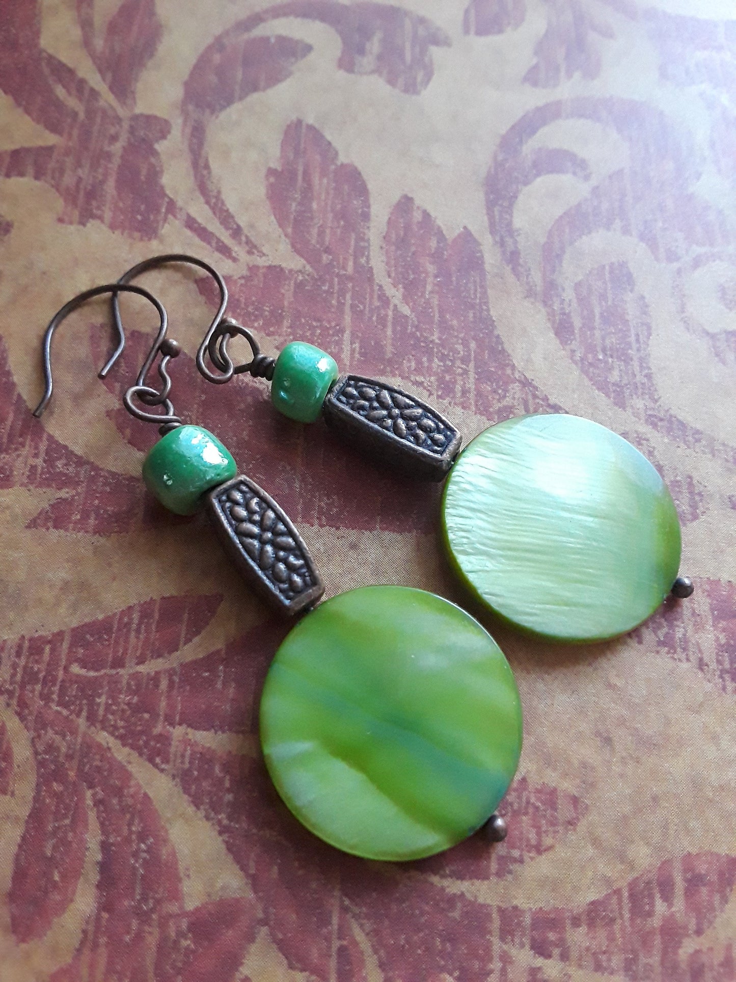 Green Shell, Copper and Glass Beaded Earrings Wire Wrapped Earrings