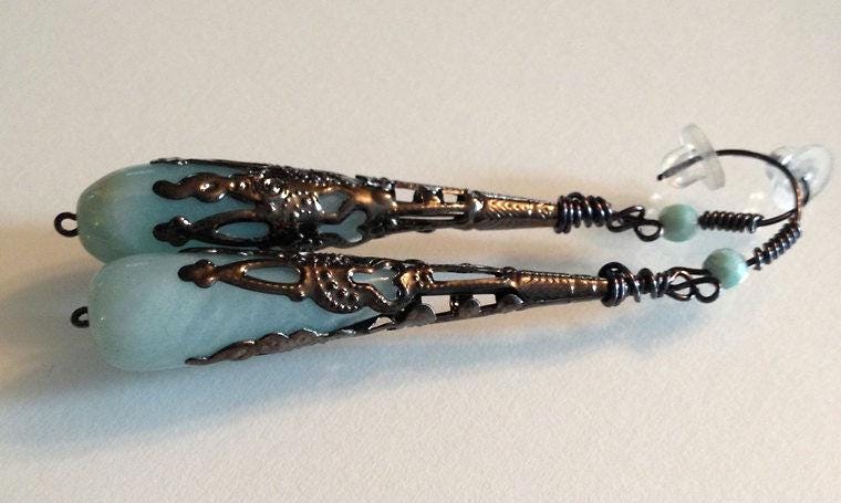 Amazonite Wire Wrapped Earrings with Gun Metal Wire and Bead Cap