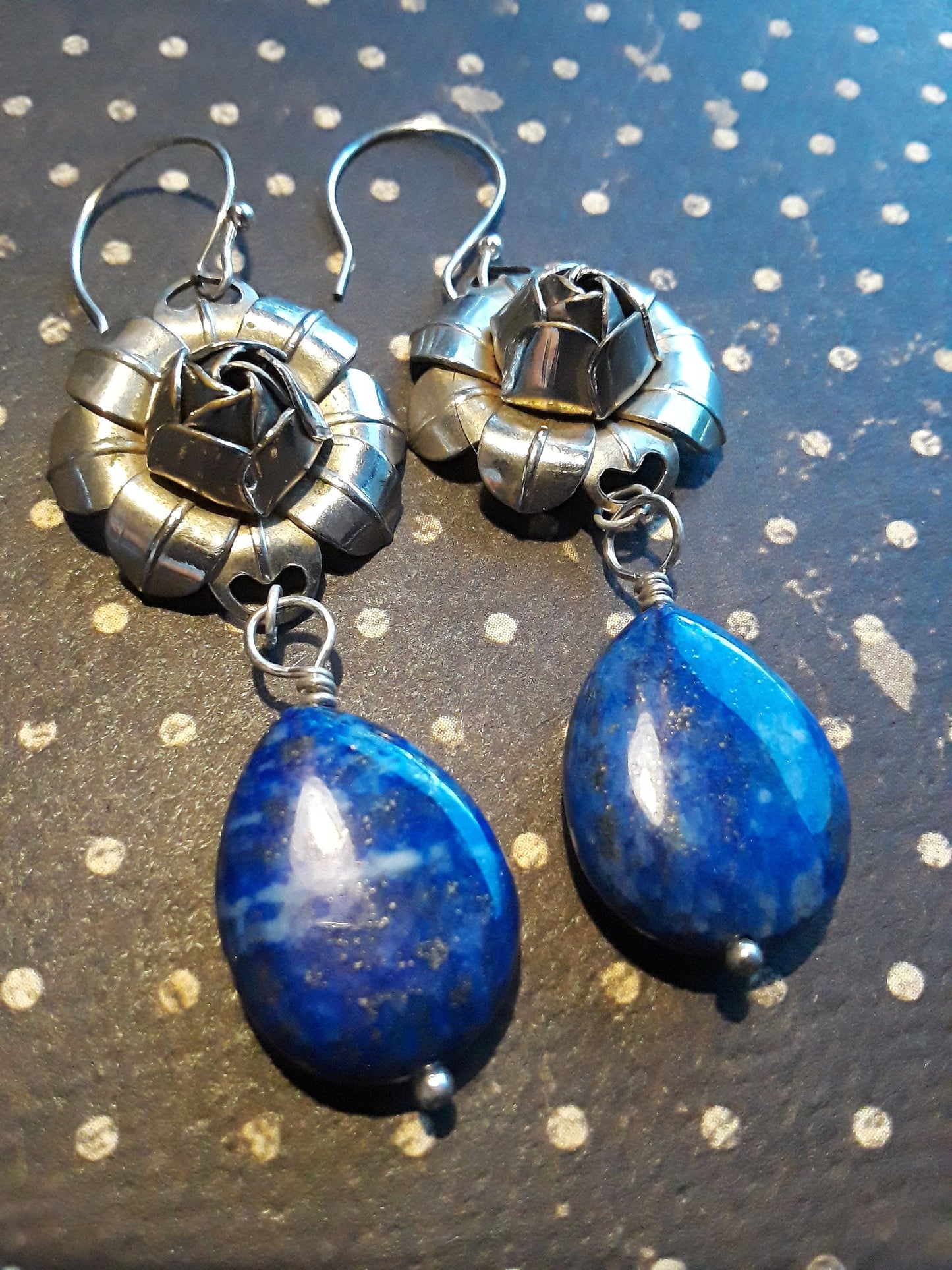 Lapis Lazuli Drop Earrings - Vintage Rose Metal Focal