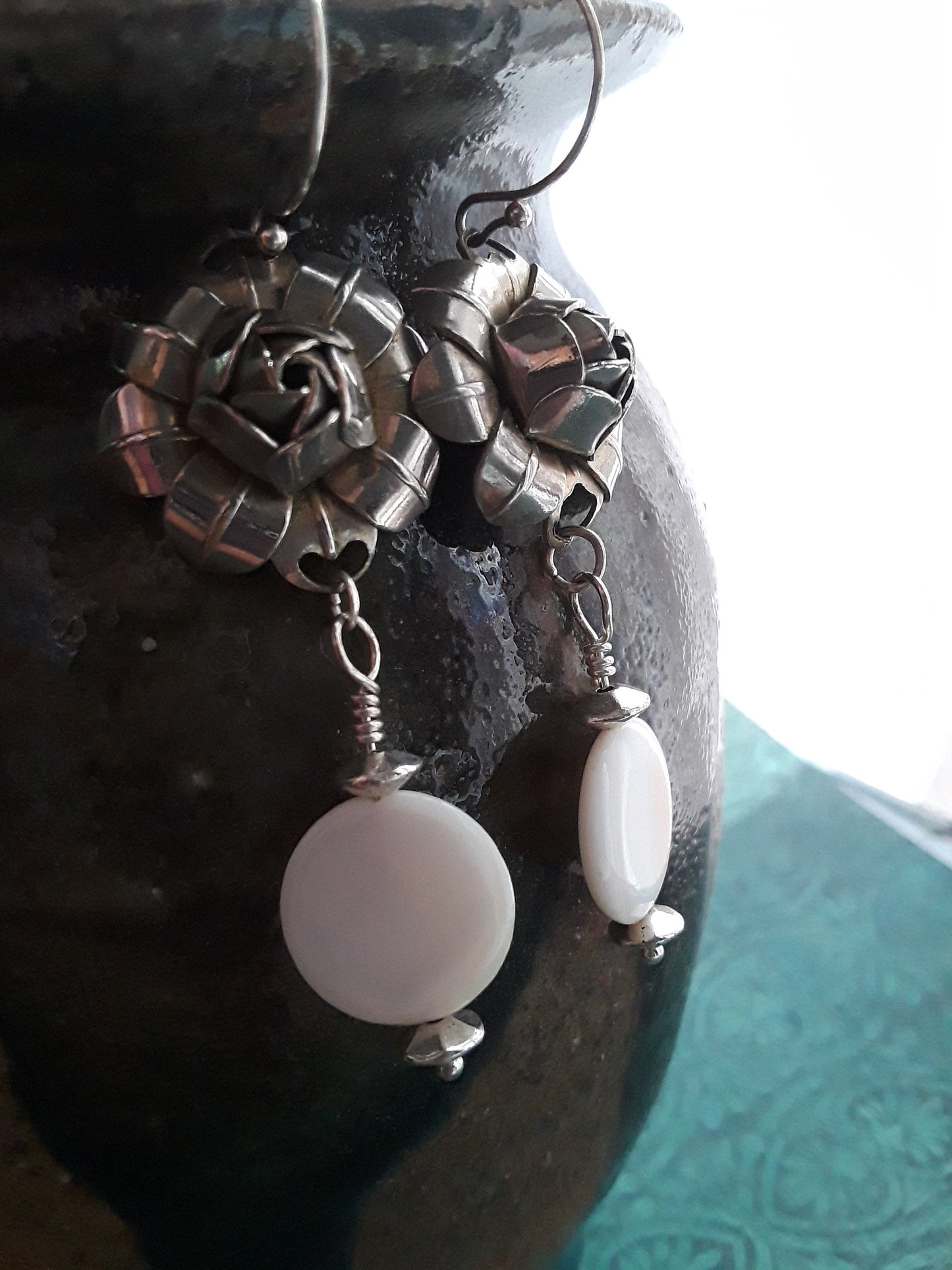 Mother of Pearl Beads Neckace and Earrings with Antique Silver Tone Roses