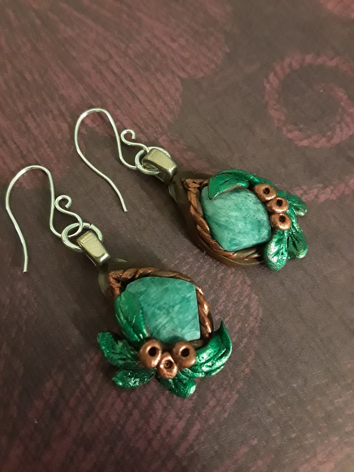 Russian Amazonite Stones Pendant and Earring set Handcrafted Clay