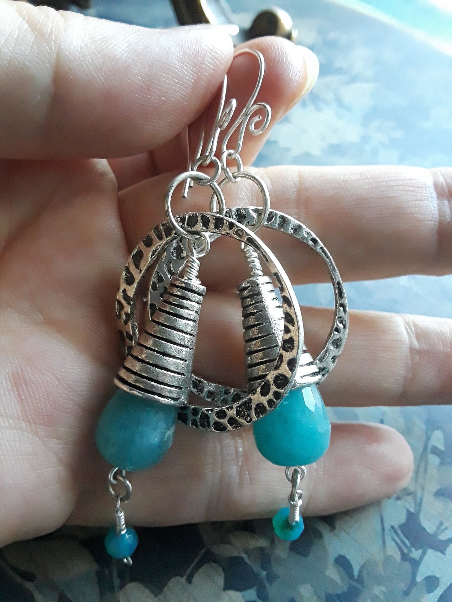 Aqua Marine, Agate and Silver Earrings