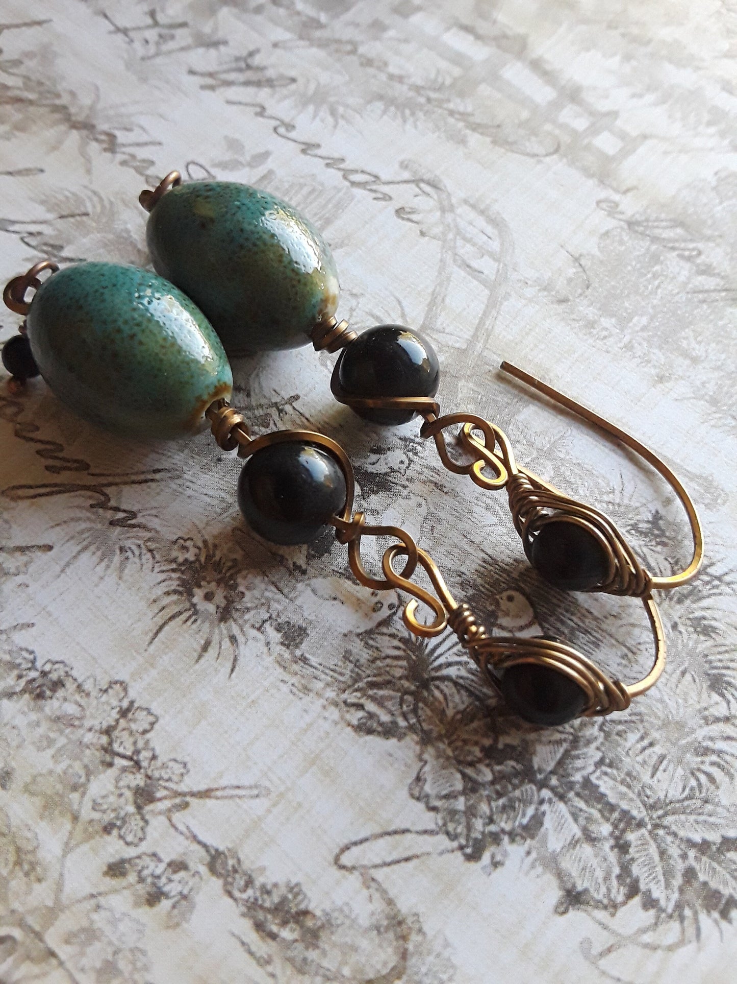Onyx Stones and Ceramic Beads Wire Wrapped Earrings