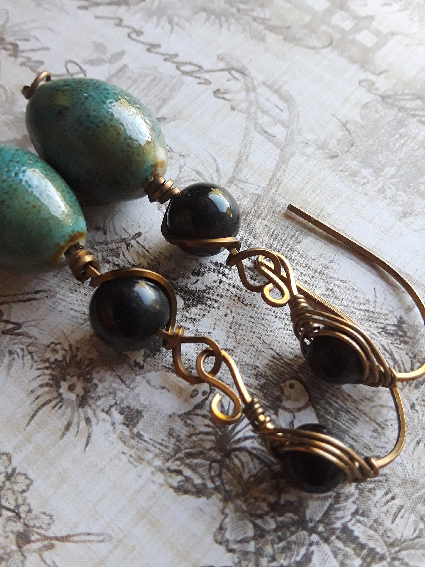 Onyx Stones and Ceramic Beads Wire Wrapped Earrings