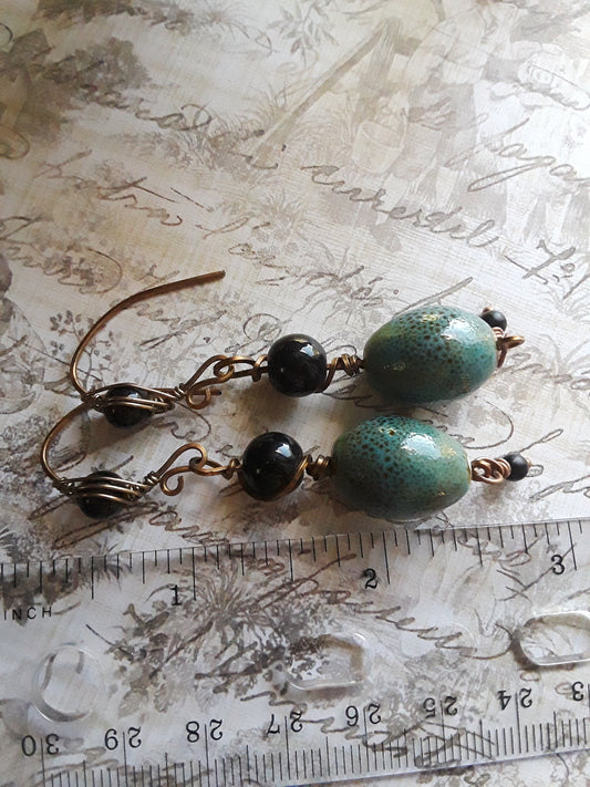 Onyx Stones and Ceramic Beads Wire Wrapped Earrings