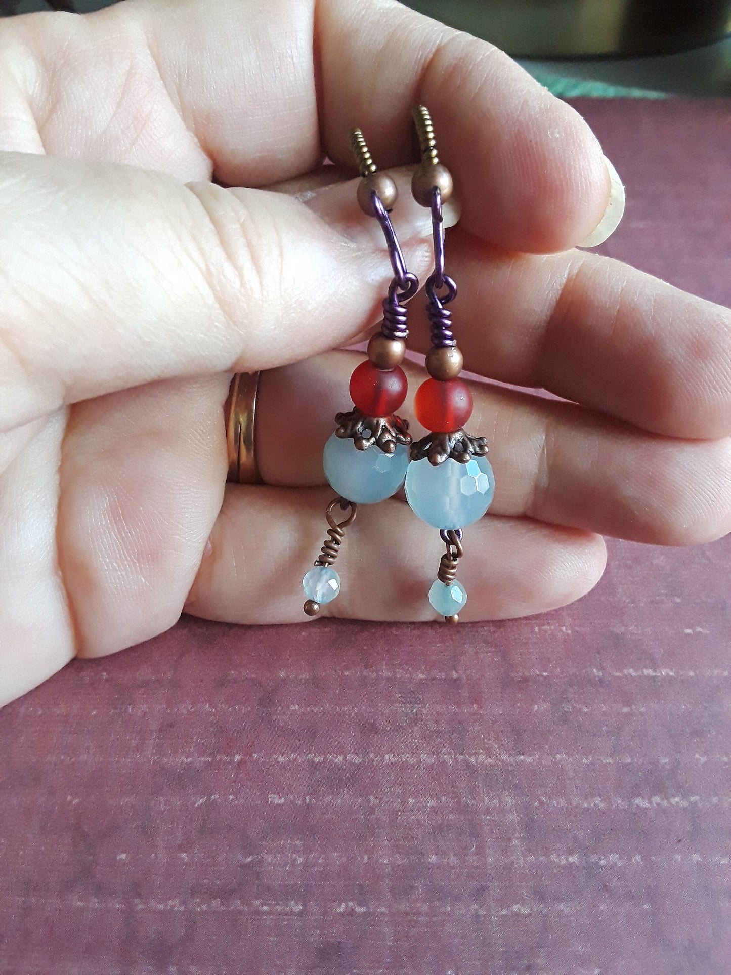 Fire and Ice Earrings Blue Fire Agate, Red Glass Beads, Copper Beads and Bronze wire handmade
