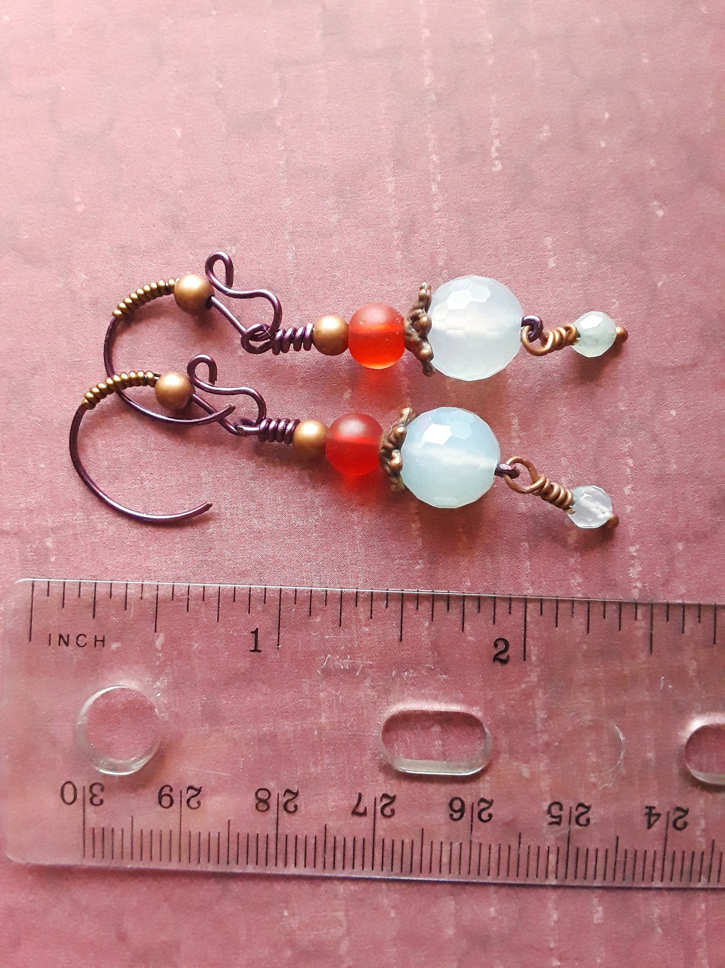 Fire and Ice Earrings Blue Fire Agate, Red Glass Beads, Copper Beads and Bronze wire handmade