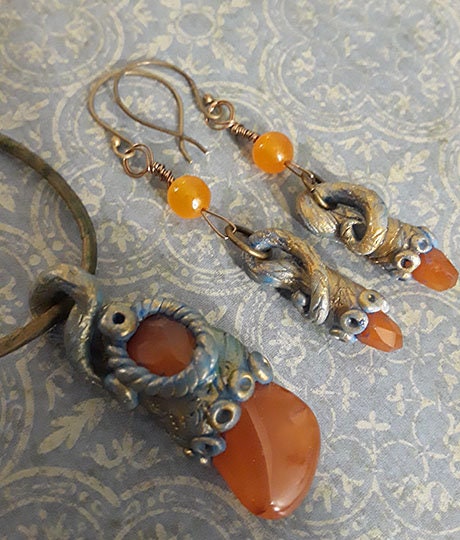 Fairy Carnelian Pendant and Earrings, Polymer Clay and Gems.