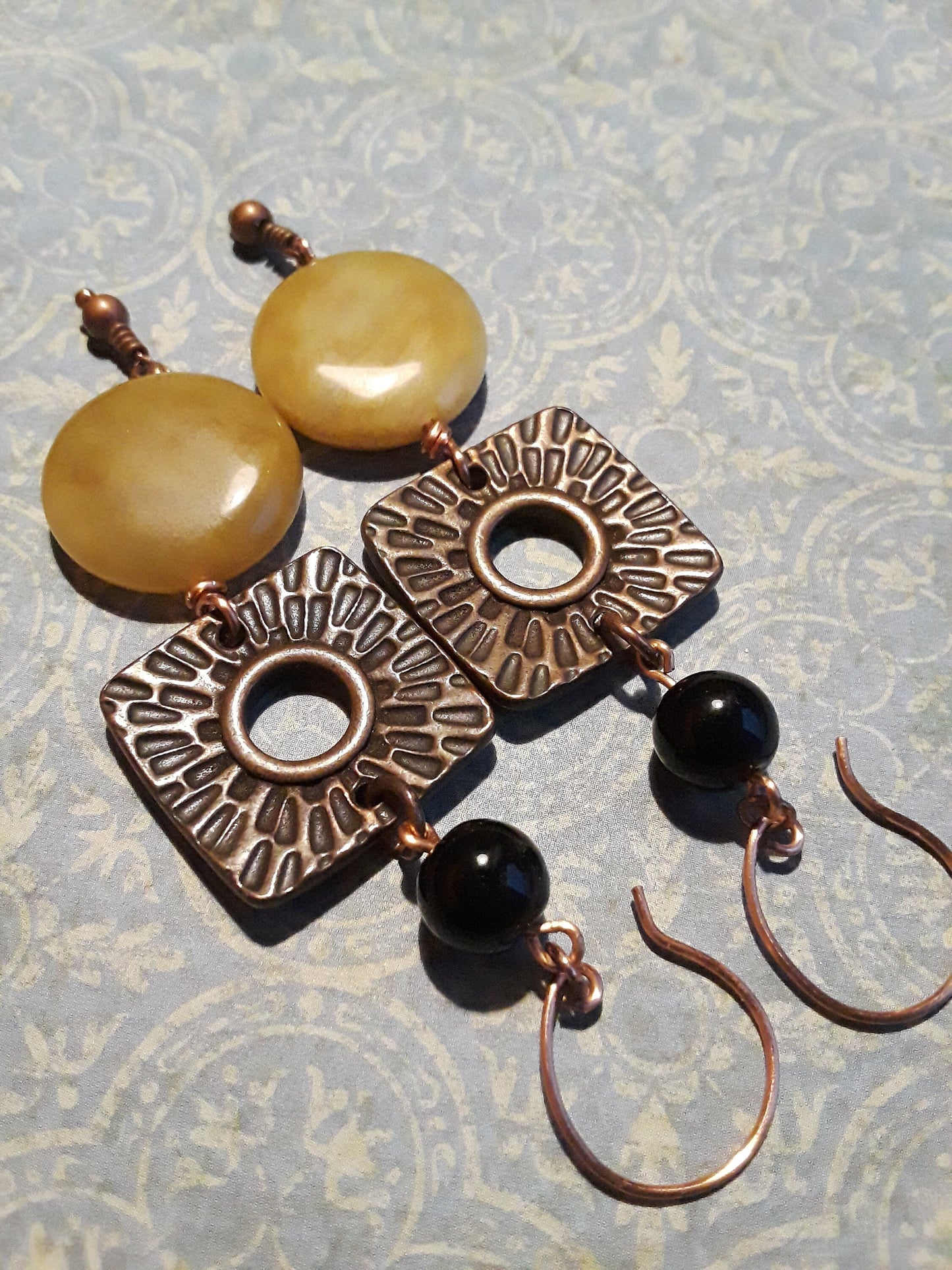 Tan Jade Black Onyx and Copper Drop Earrings