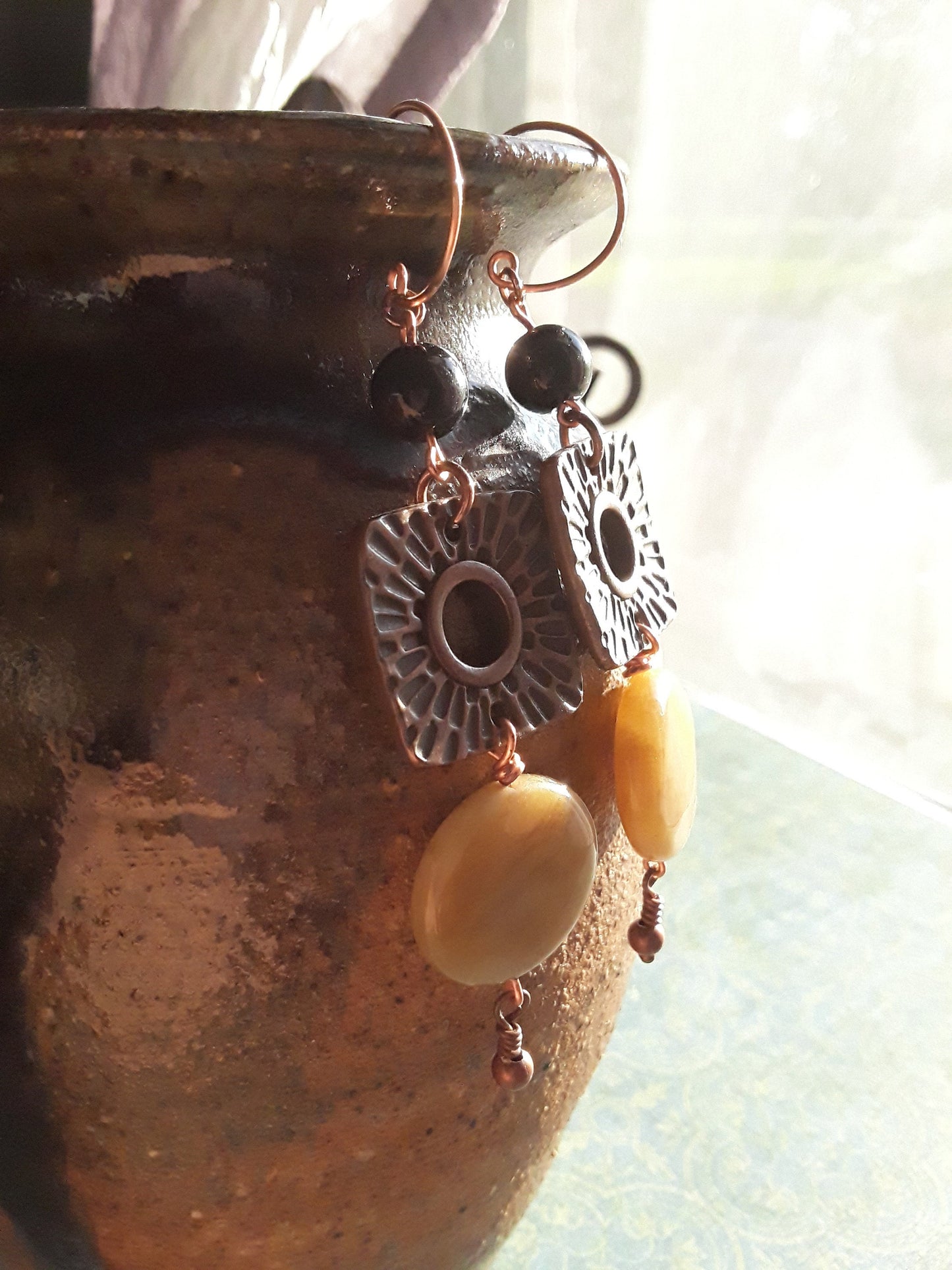 Tan Jade Black Onyx and Copper Drop Earrings