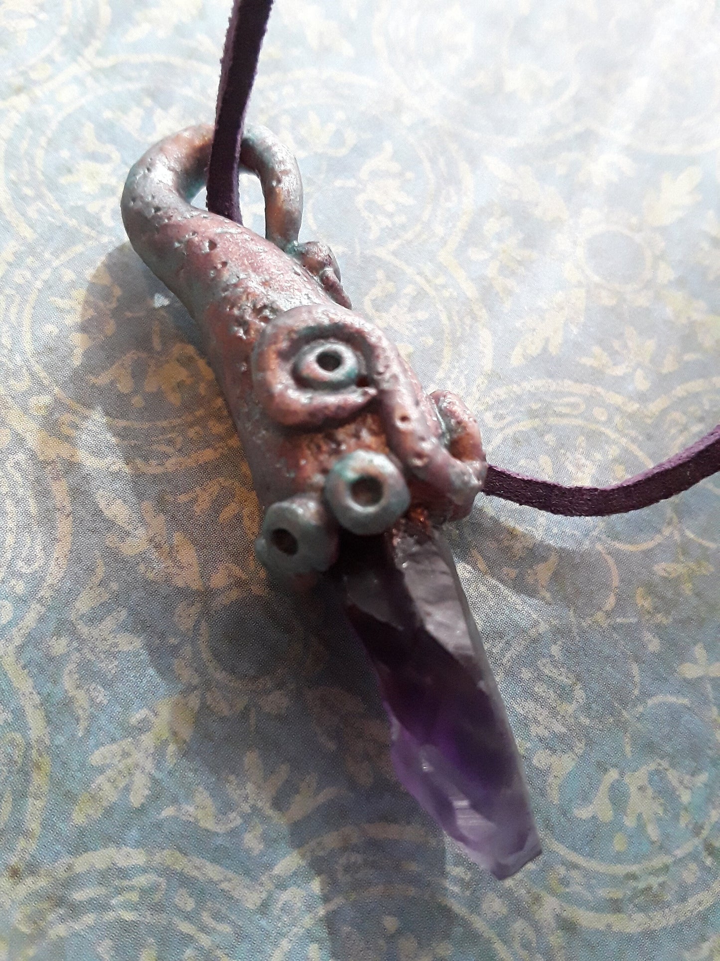 Fairy Jewelry. Amethyst and Clay. Handmade Sculptured Pendant & Earrings.