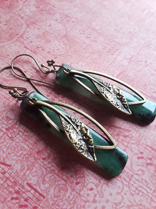 Zoisite and Bronze Drop Earrings with Bronze Leaves