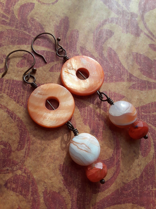 Bright Orange Doughnut Shell with Creamy Smooth Orange Agate and Fiery Orange Glass Orange Earrings