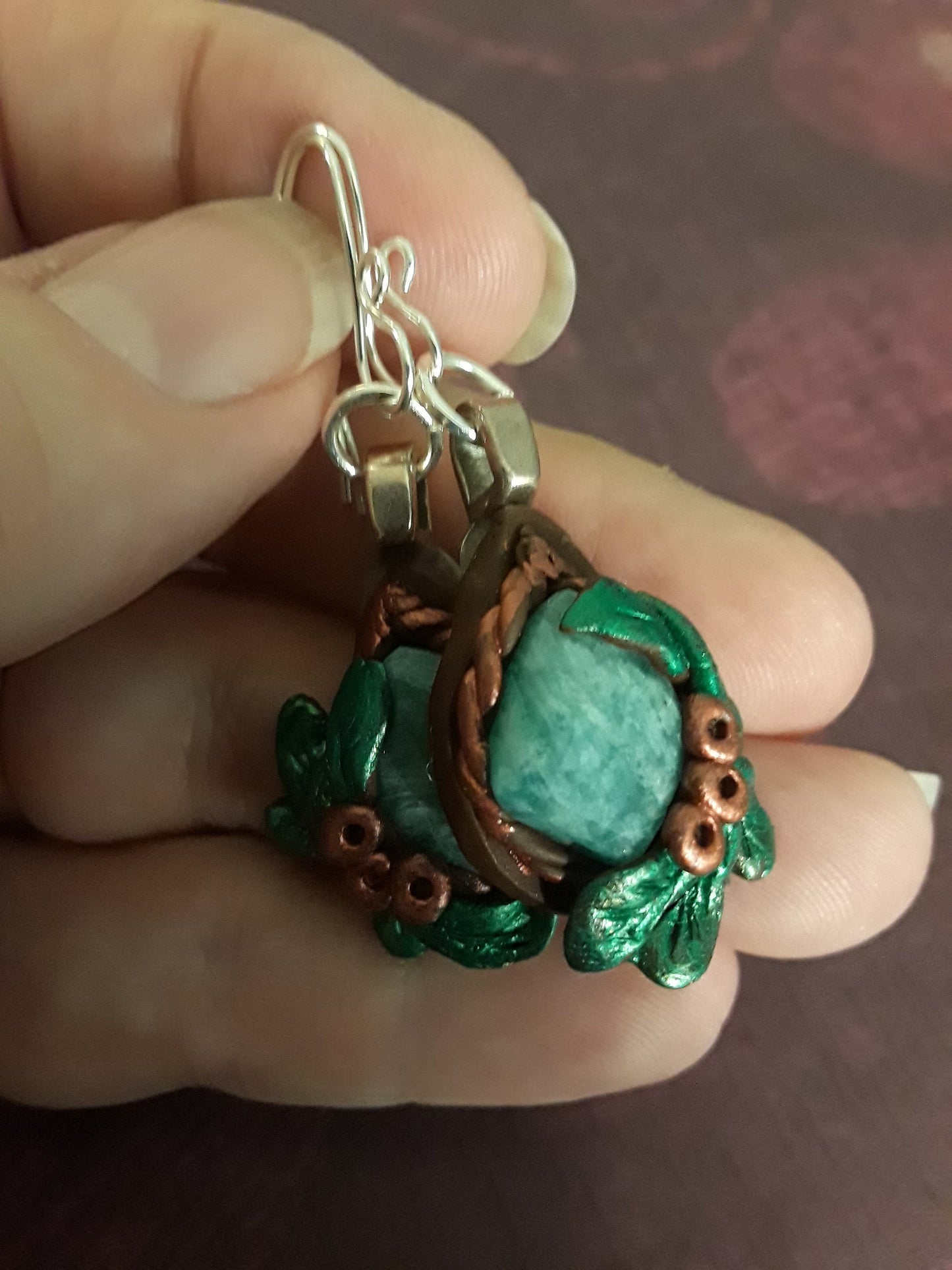 Russian Amazonite Stones Pendant and Earring set Handcrafted Clay