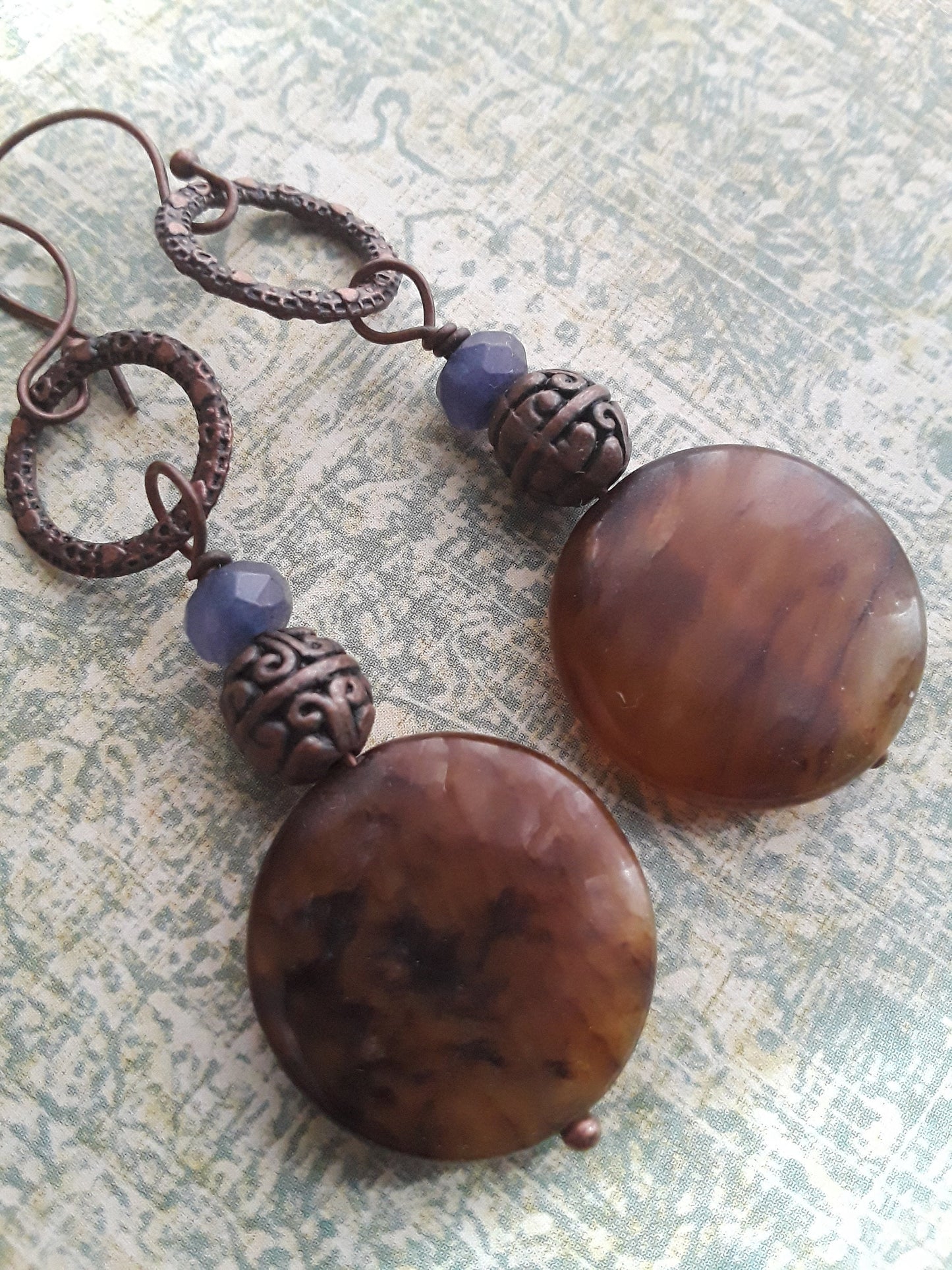 Brown Agate, Blue Iolite and Copper Dangle Earrings