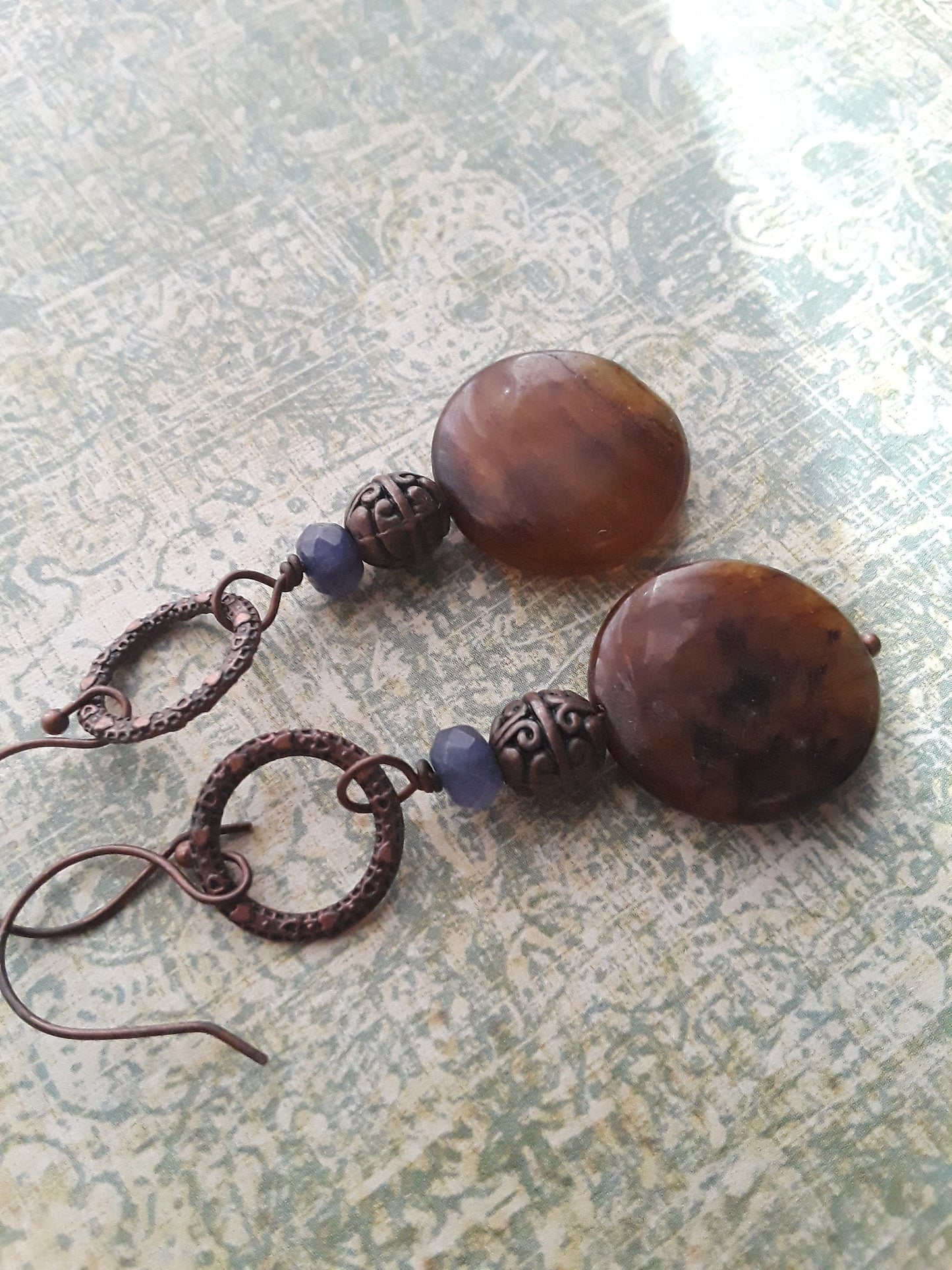 Brown Agate, Blue Iolite and Copper Dangle Earrings