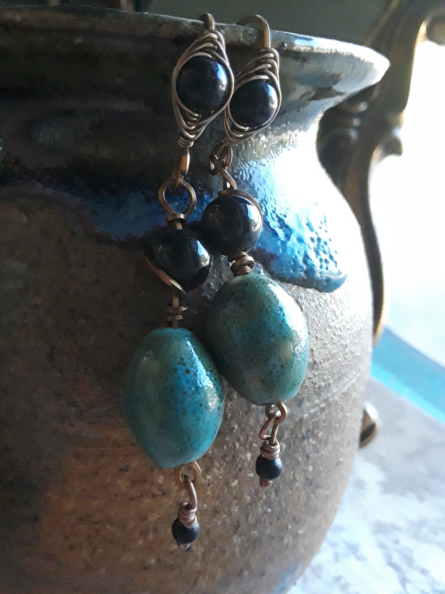 Onyx Stones and Ceramic Beads Wire Wrapped Earrings