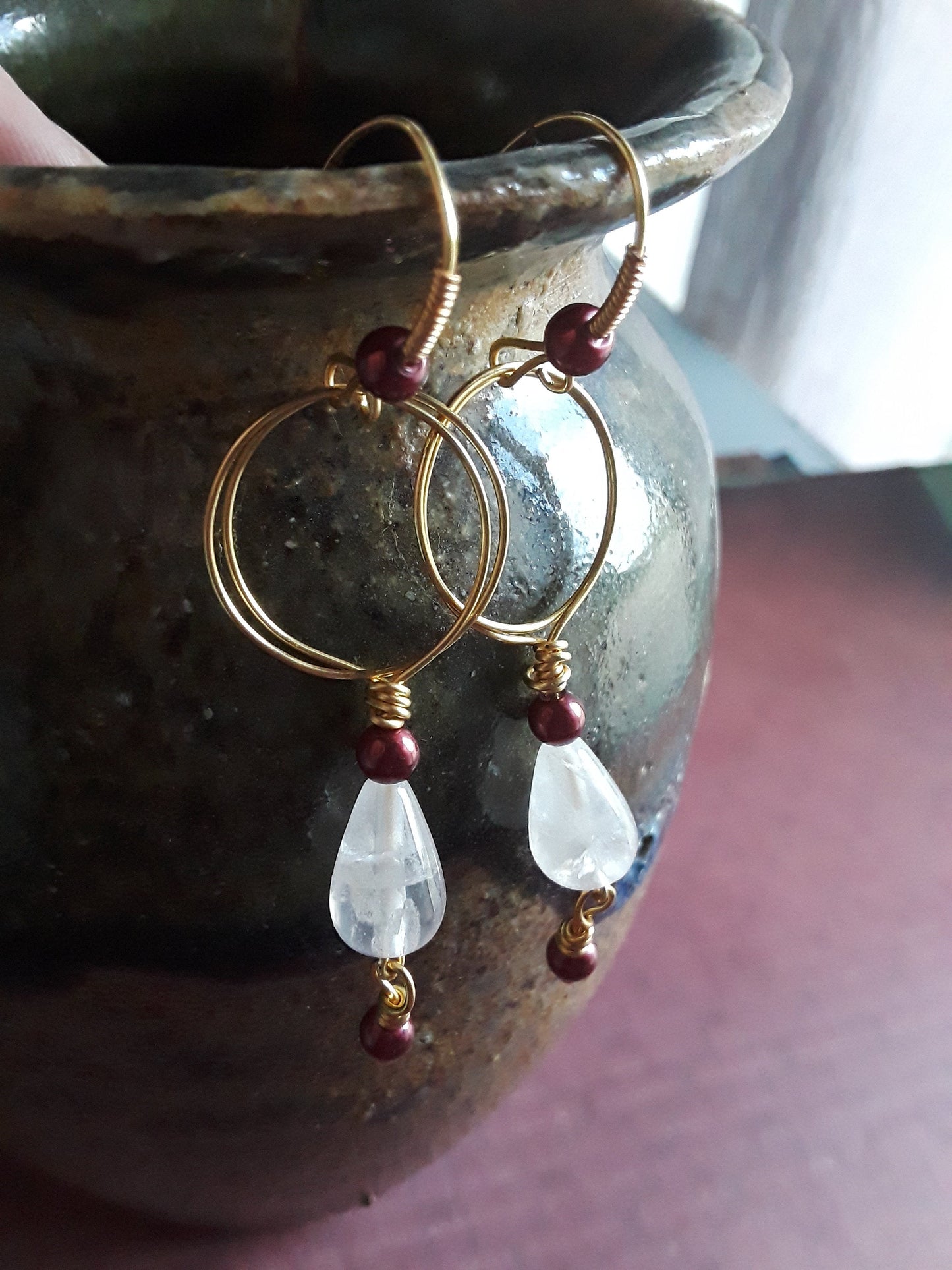 Rose Quartz Earrings with Burgundy Glass Pearls wire wrapped in Brass