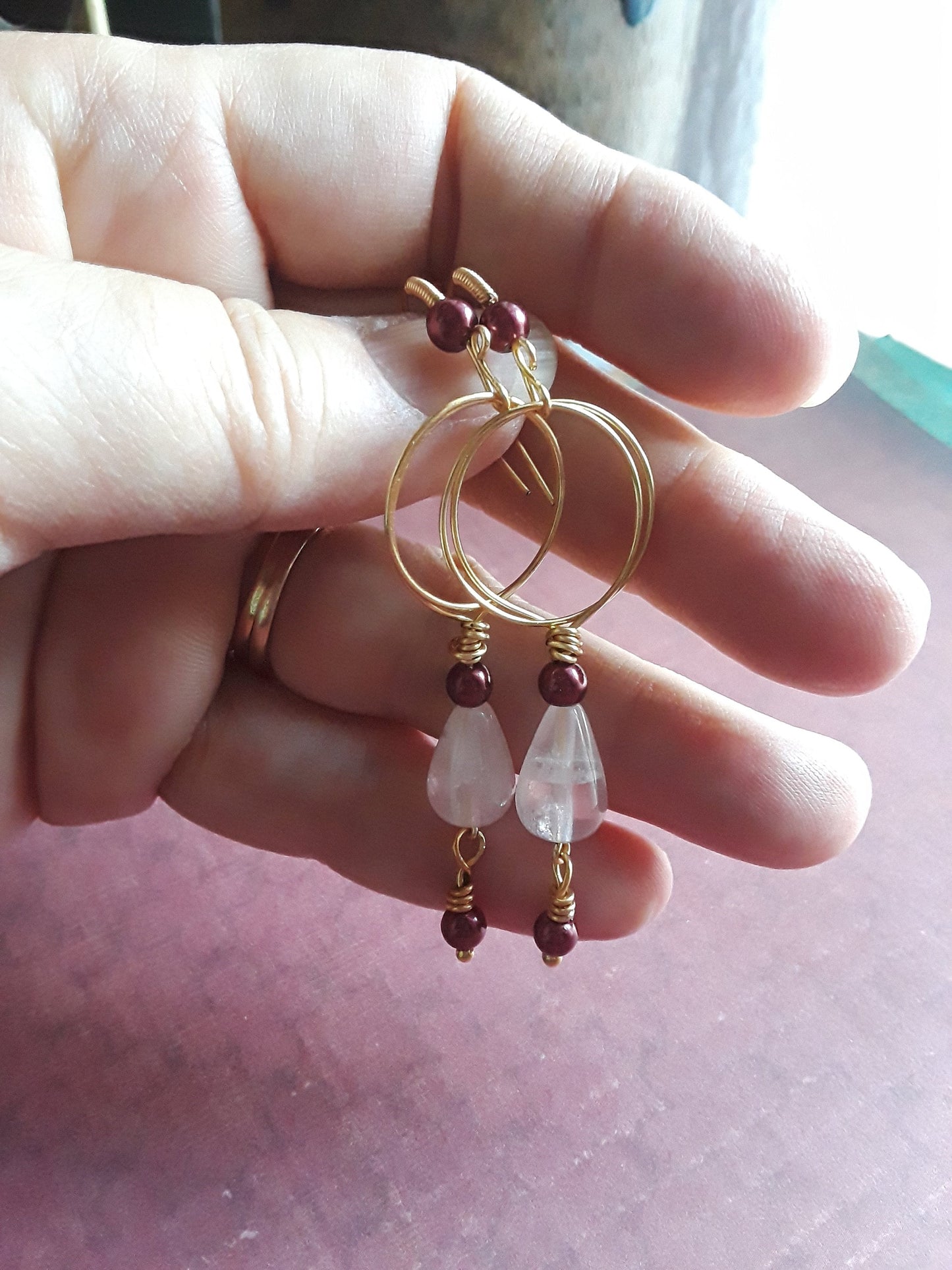 Rose Quartz Earrings with Burgundy Glass Pearls wire wrapped in Brass