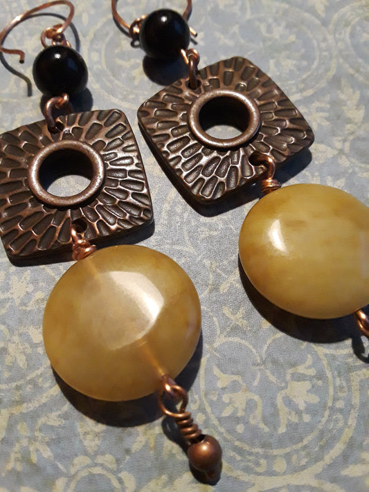 Tan Jade Black Onyx and Copper Drop Earrings