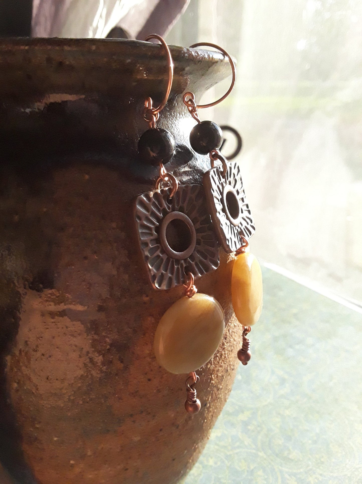 Tan Jade Black Onyx and Copper Drop Earrings