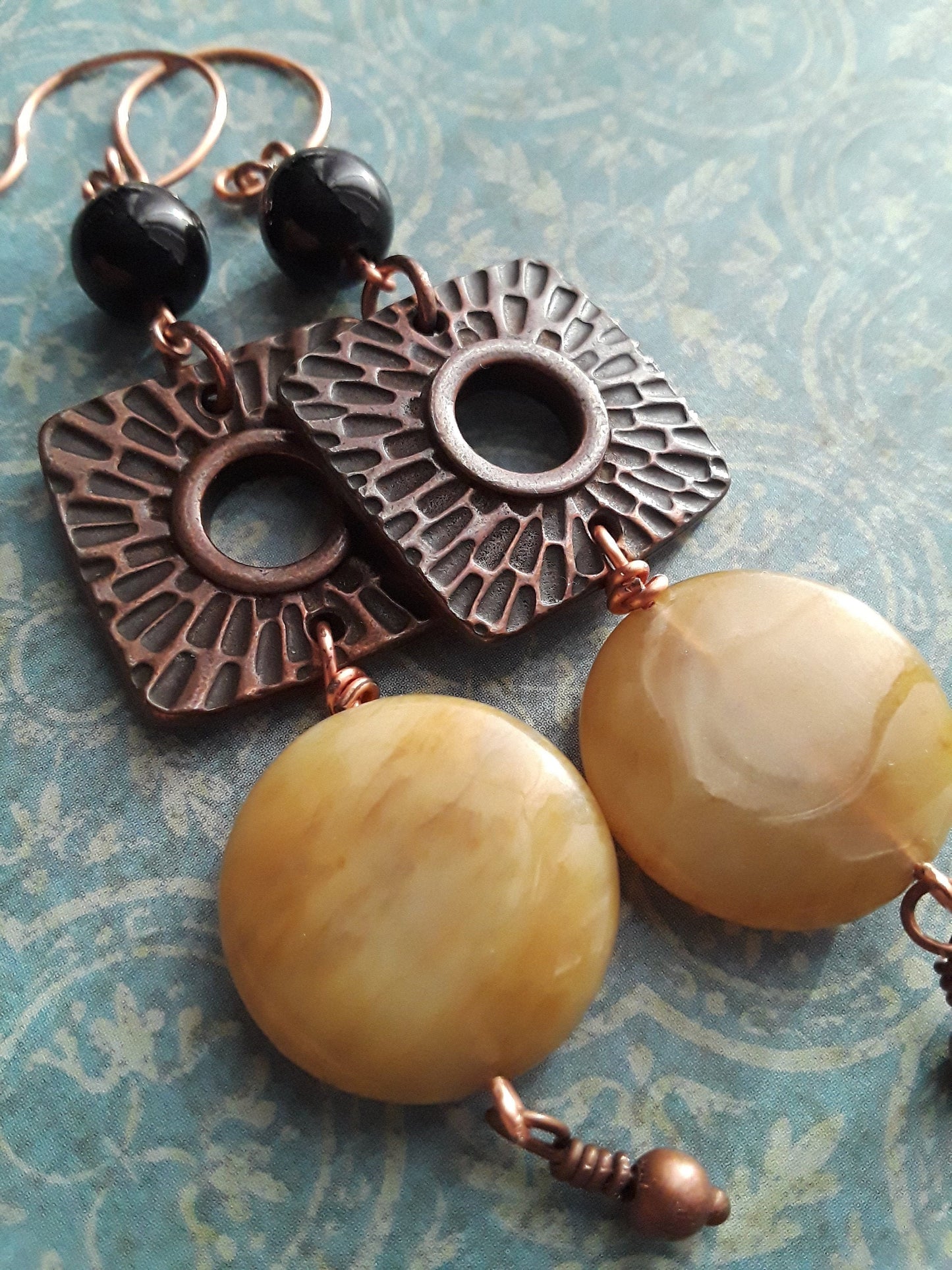 Tan Jade Black Onyx and Copper Drop Earrings