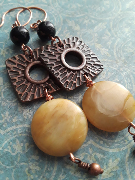 Tan Jade Black Onyx and Copper Drop Earrings