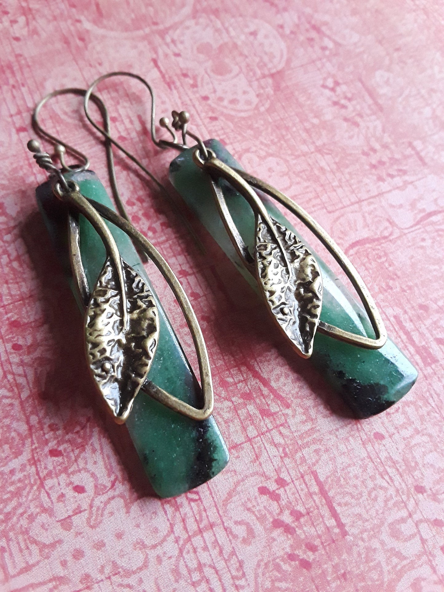 Zoisite and Bronze Drop Earrings with Bronze Leaves