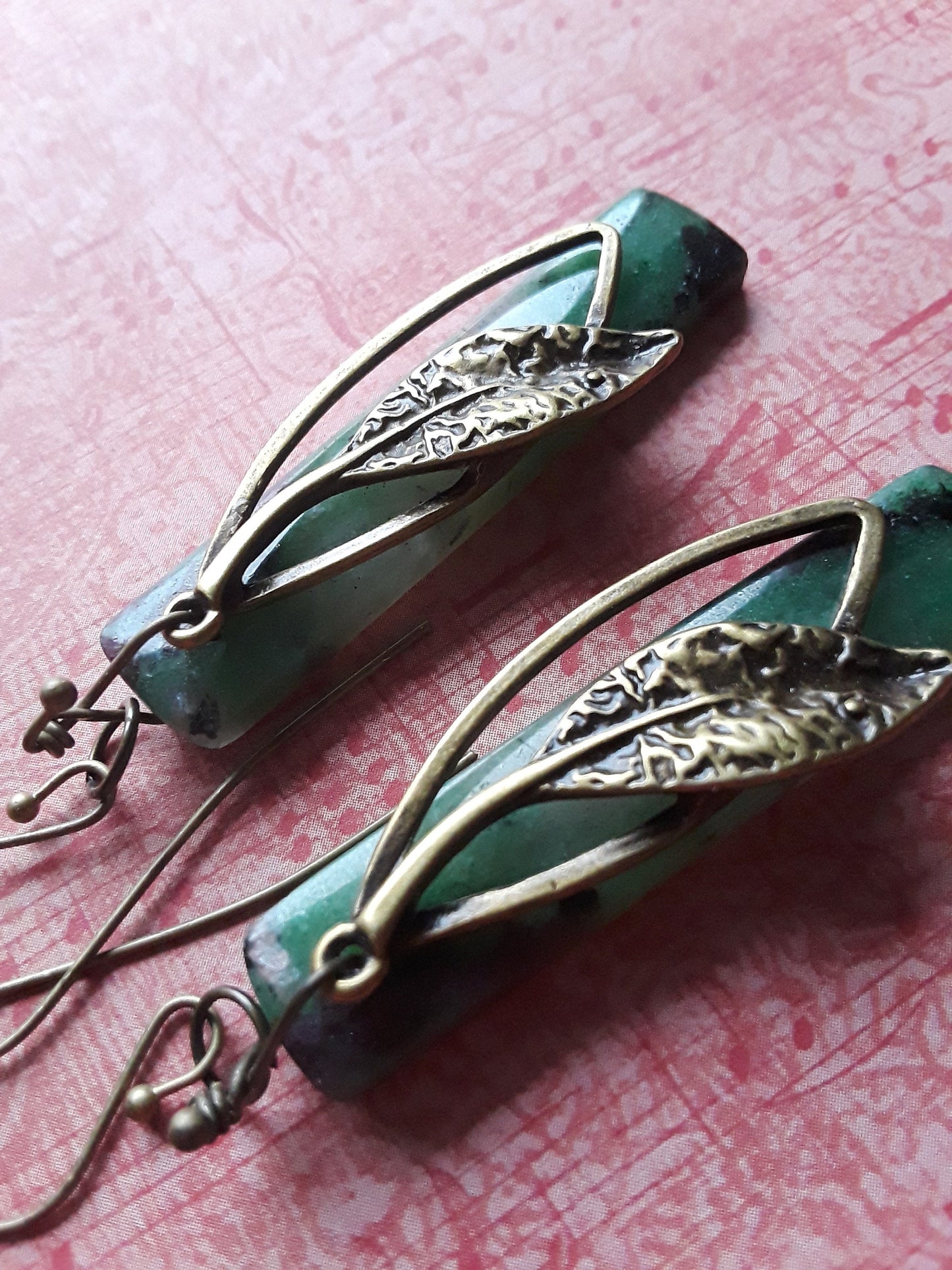 Zoisite and Bronze Drop Earrings with Bronze Leaves