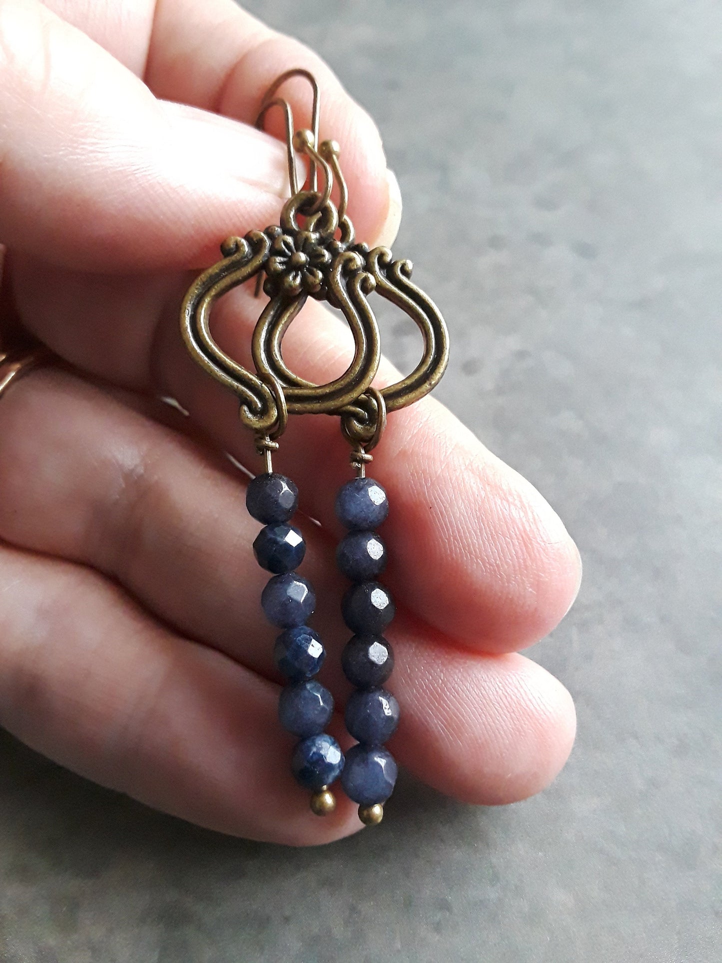 Sapphire Jade and bronze drop earrings.