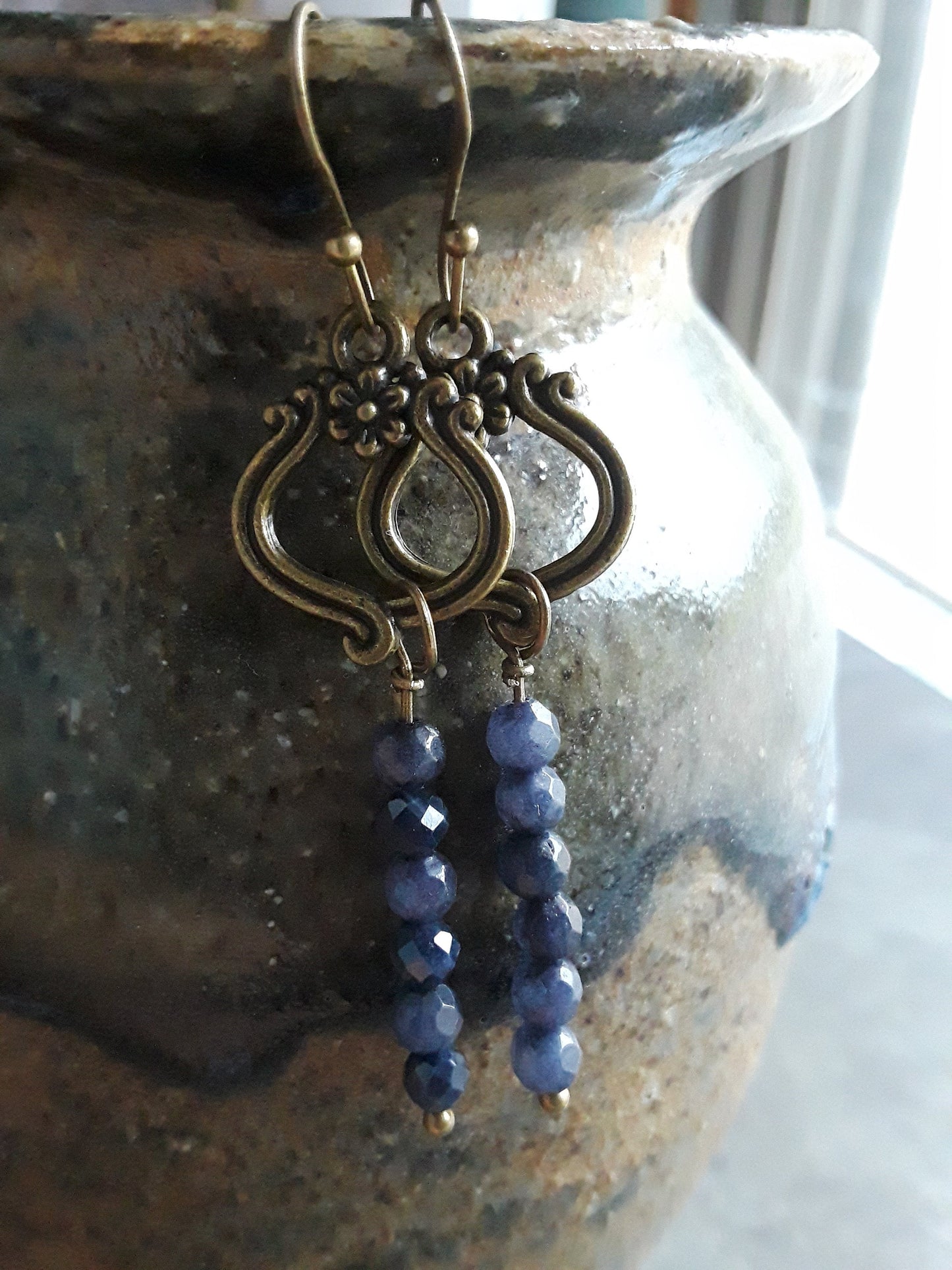 Sapphire Jade and bronze drop earrings.