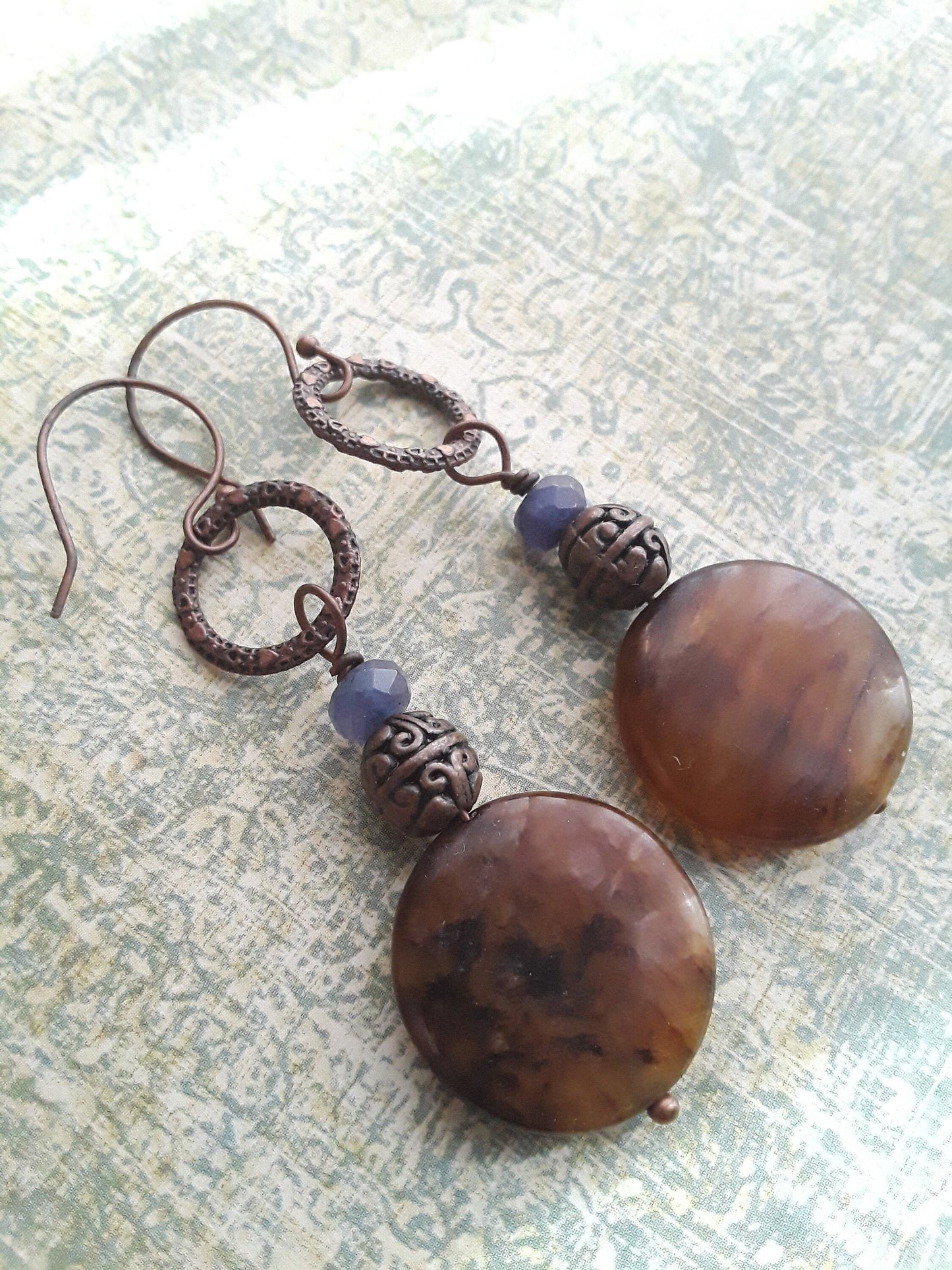 Brown Agate, Blue Iolite and Copper Dangle Earrings