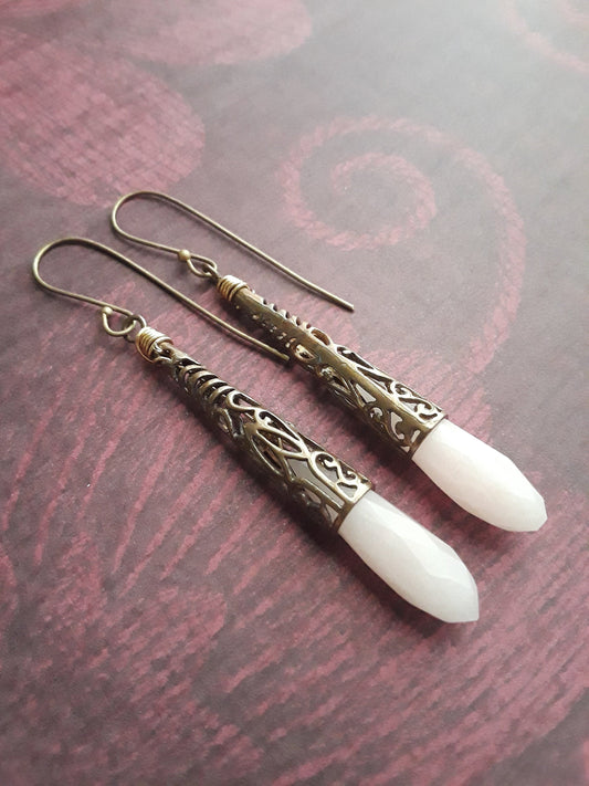 Pink Jade and Antique Bronze Drop Earrings